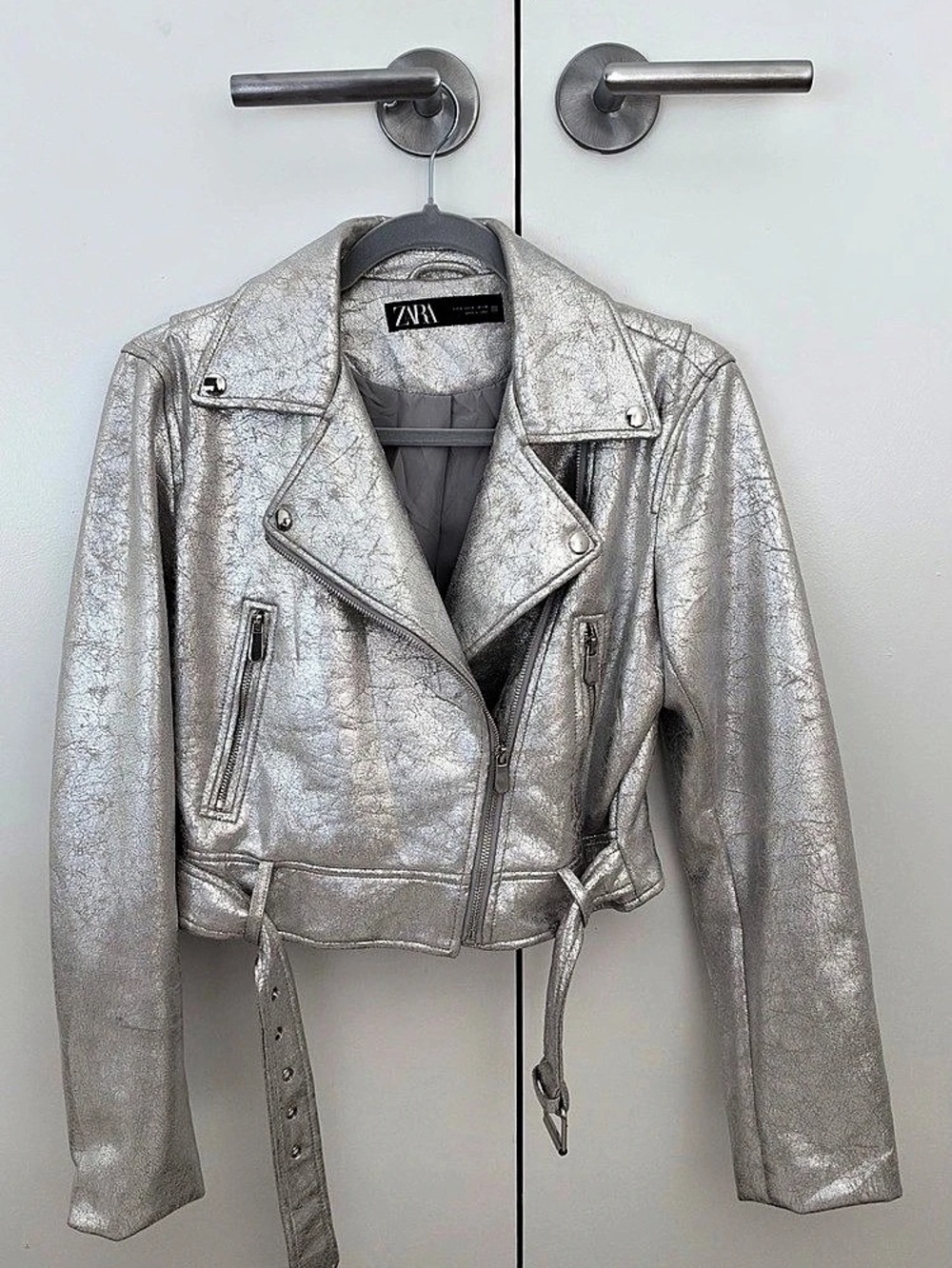 Zara Metallic Faux Leather Biker Jacket Silver Size S